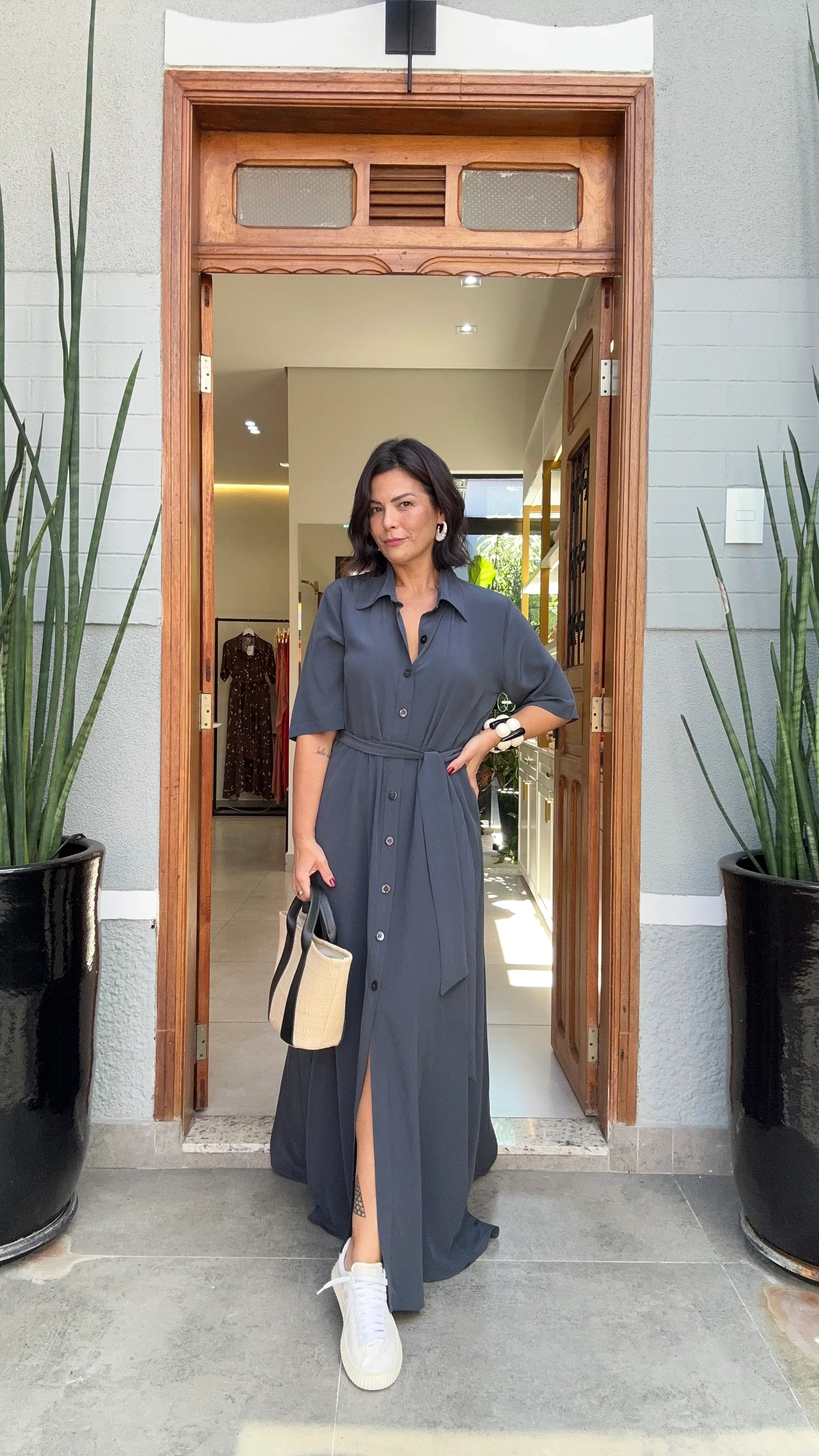 Vestido Chemisier Seda Pura Chumbo